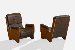 Argentine Designer, Lounge Chairs, Wood, Brass, Leather, Argentina, 1960s