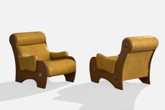 Argentine Designer, Lounge Chairs, Wood, Brass, Vinyl, Argentina, 1960s
