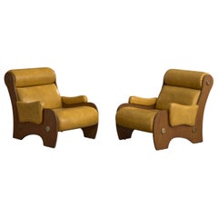 Argentine Designer, Lounge Chairs, Wood, Brass, Vinyl, Argentina, 1960s
