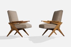 Argentine Designer, Lounge Chairs, Wood, Fabric, Argentina, 1950s