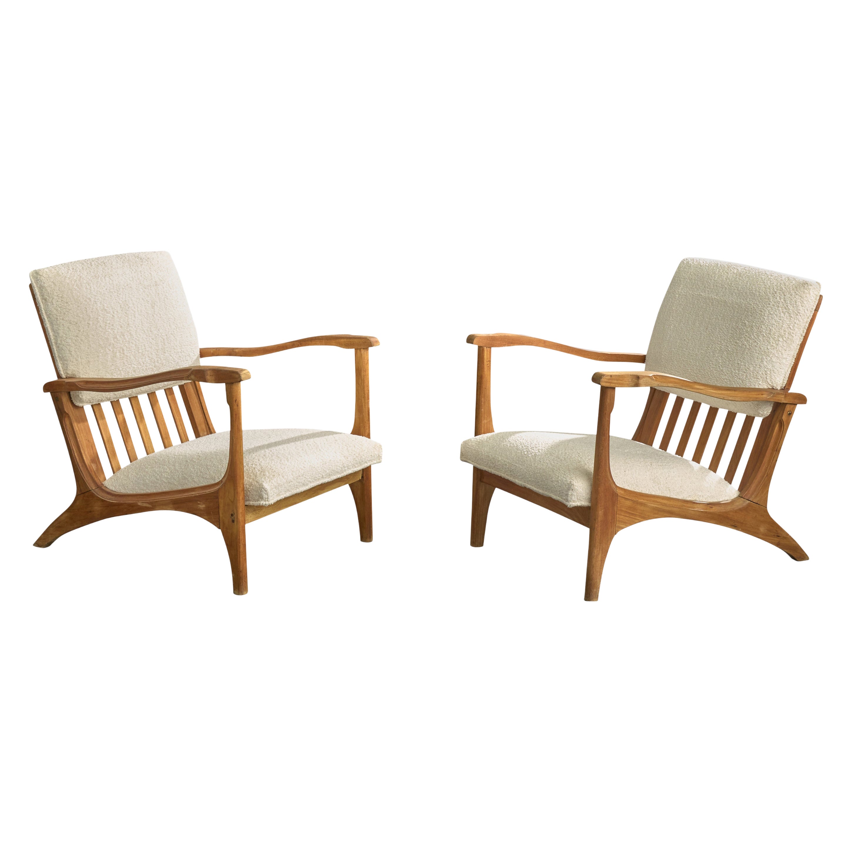Argentine Designer, Lounge Chairs, Wood, Fabric, Argentina, 1950s