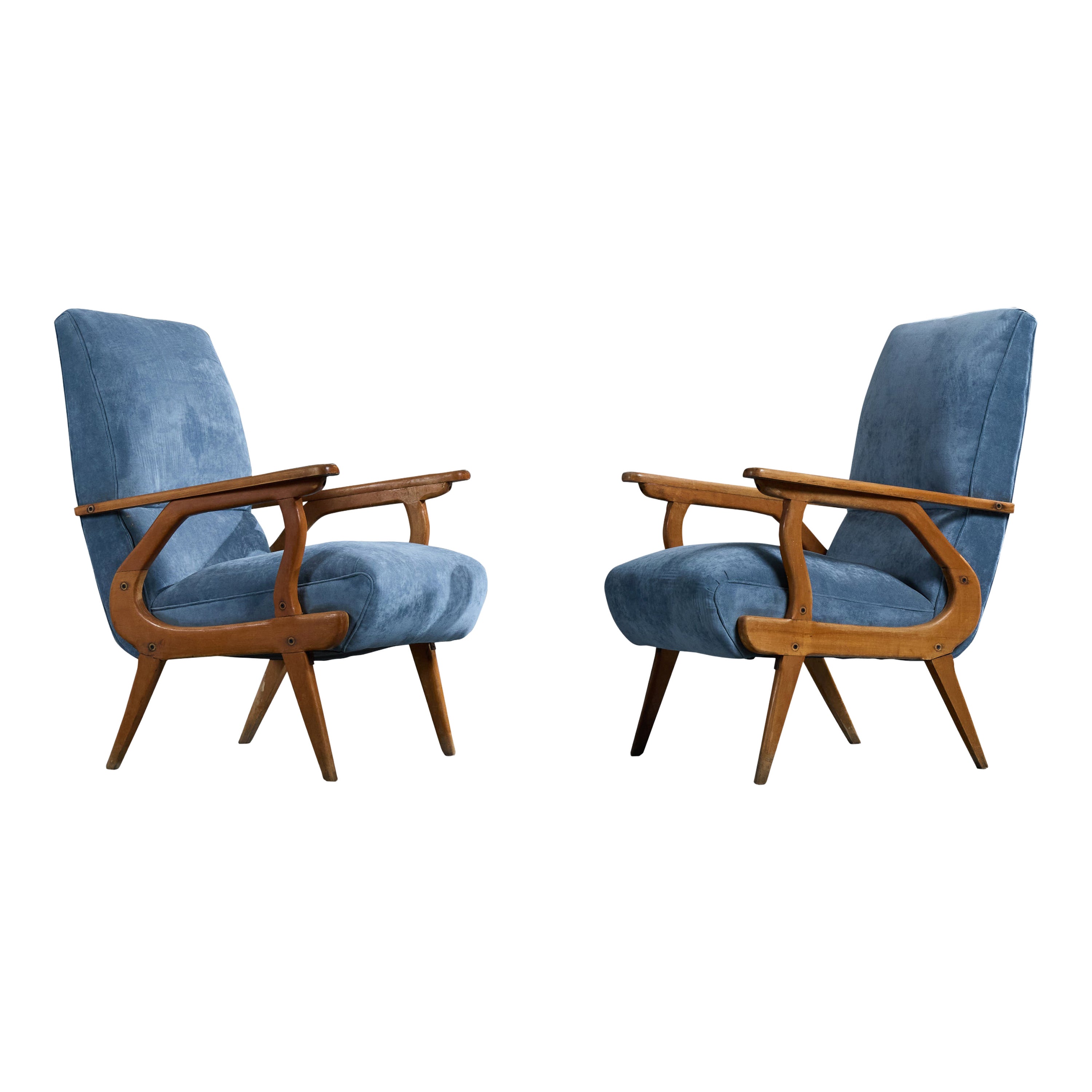 Argentine Designer, Lounge Chairs, Wood, Fabric, Argentina, 1950s