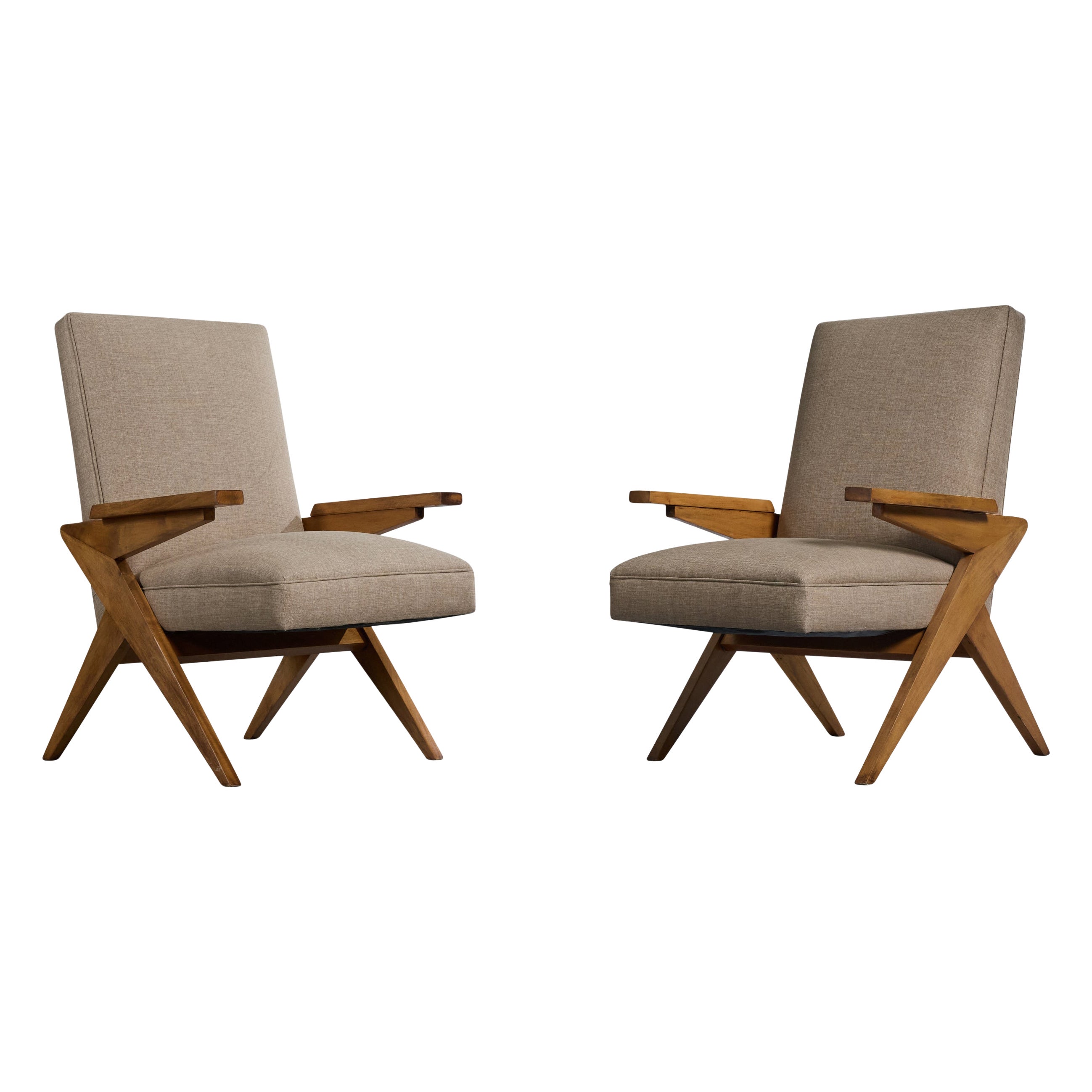 Argentine Designer, Lounge Chairs, Wood, Fabric, Argentina, 1950s