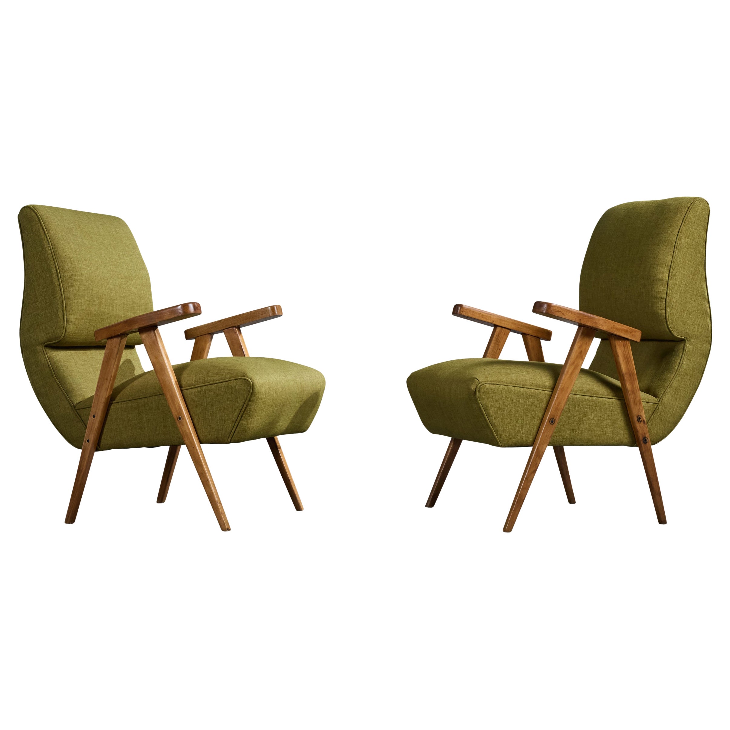 Argentine Designer, Lounge Chairs, Wood, Fabric, Argentina, 1950s