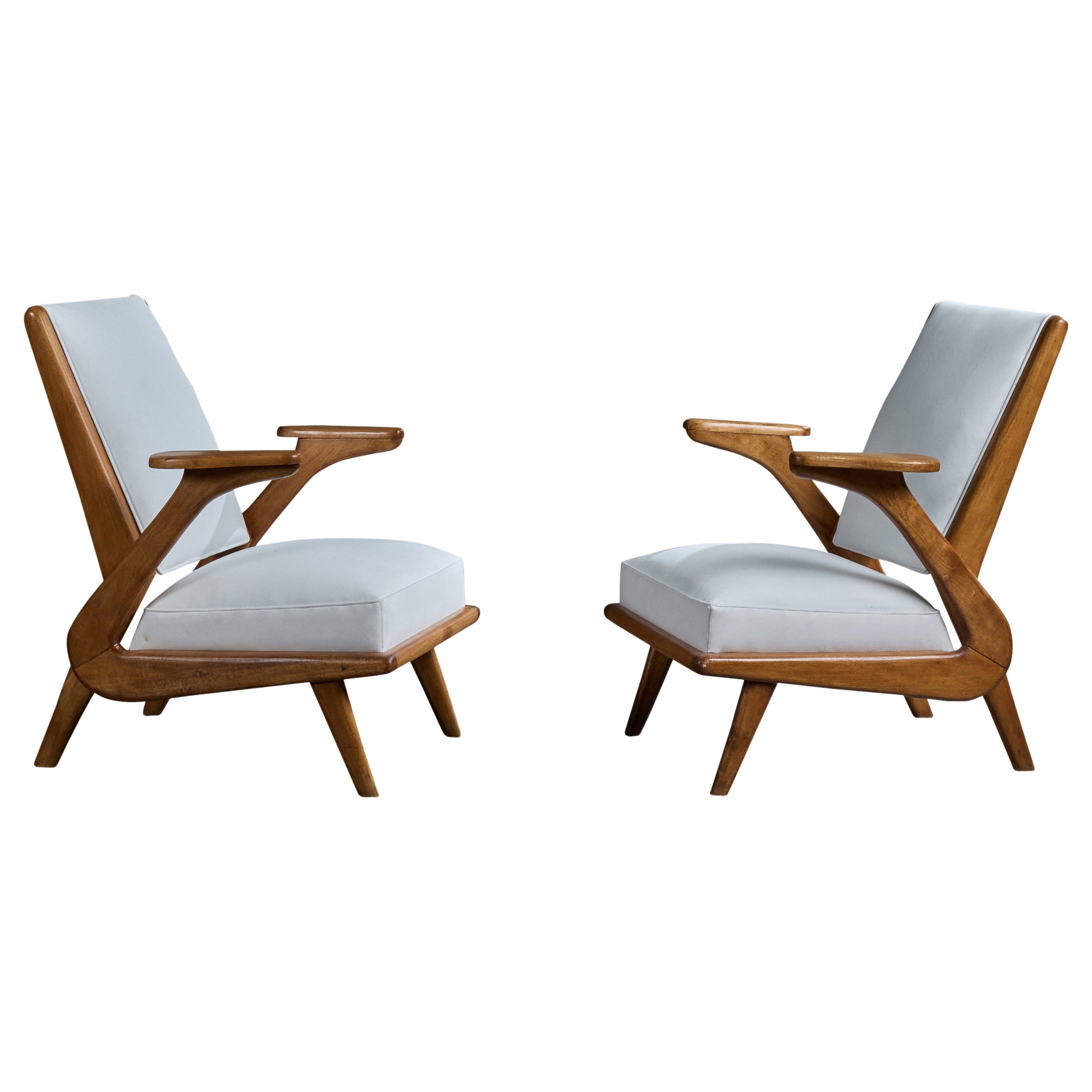 Argentine Designer, Lounge Chairs, Wood, Fabric, Argentina, 1950s