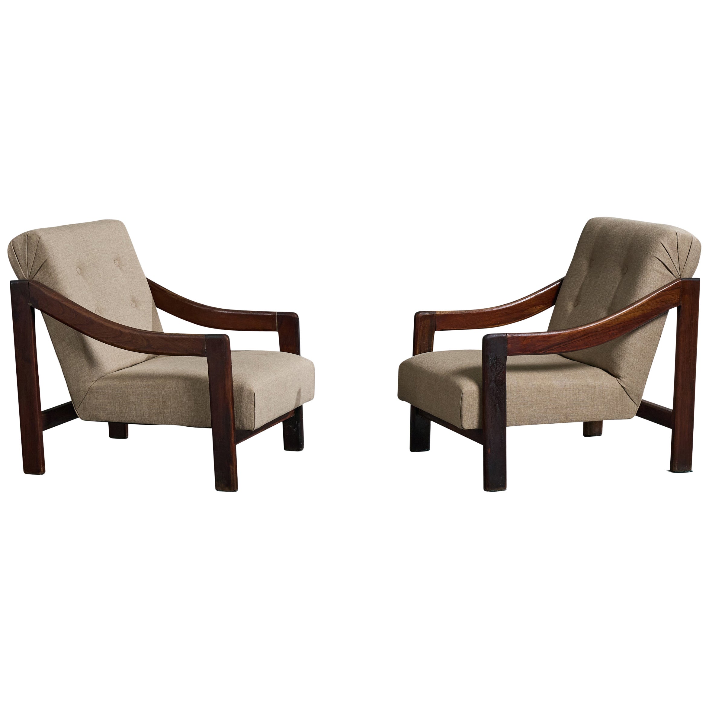 Argentine Designer, Lounge Chairs, Wood, Fabric, Argentina, 1960s