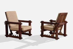 Argentine Designer, Lounge Chairs, Wood, Fabric, Argentina, 1970s