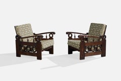 Argentine Designer, Lounge Chairs, Wood, Fabric, Argentina, 1970s
