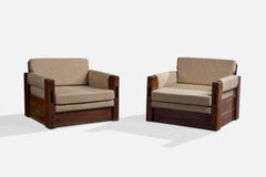 Argentinischer Designer, Lounge-Stühle, Holz, Stoff, Argentinien, 1970er Jahre