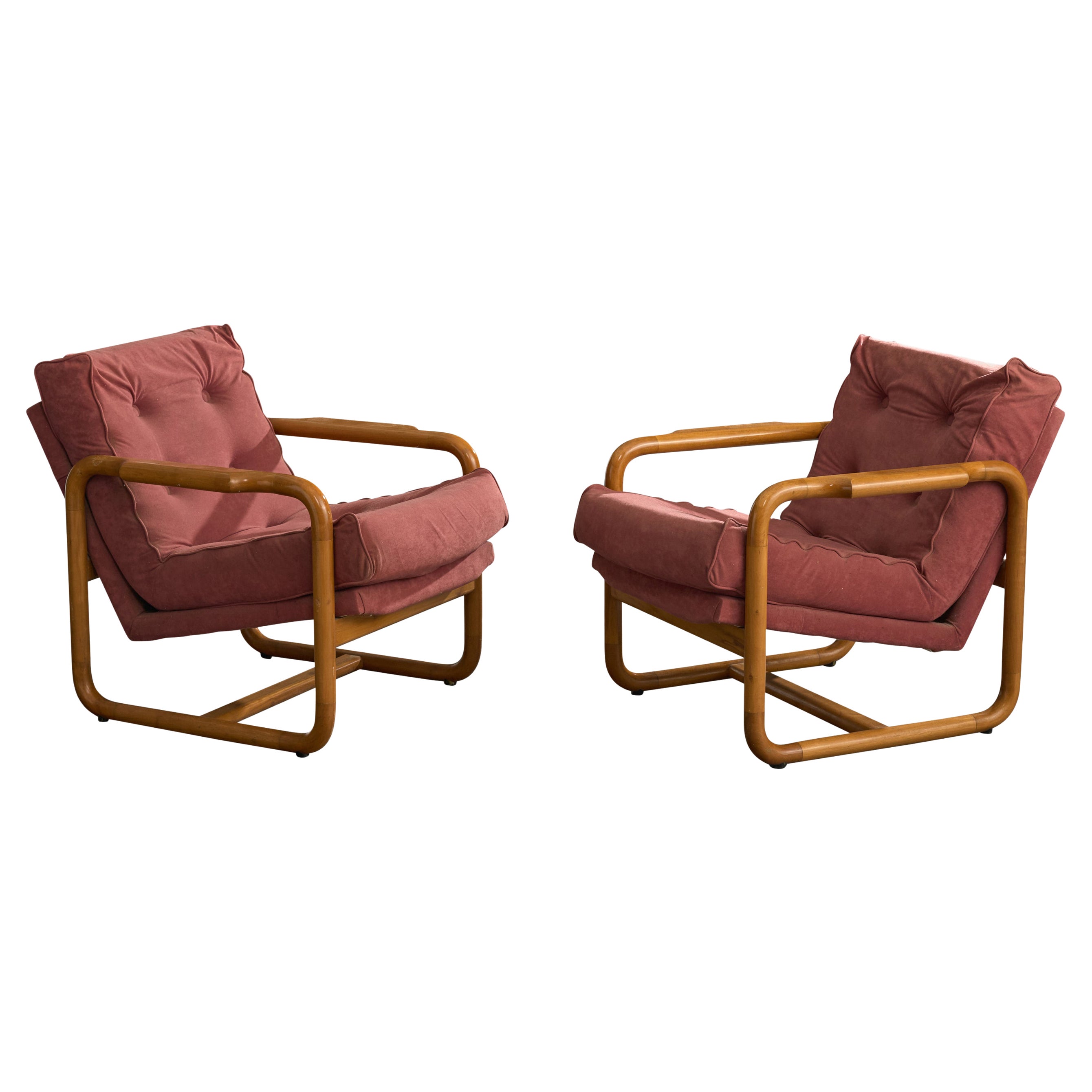 Argentine Designer, Lounge Chairs, Wood, Fabric, Argentina, 1970s
