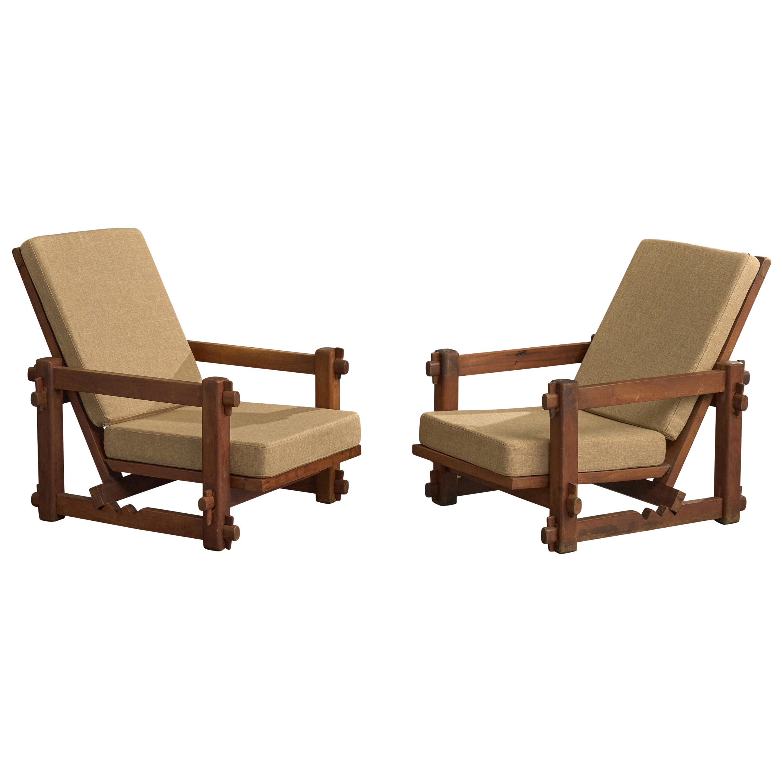 Argentine Designer, Lounge Chairs, Wood, Fabric, Argentina, 1970s