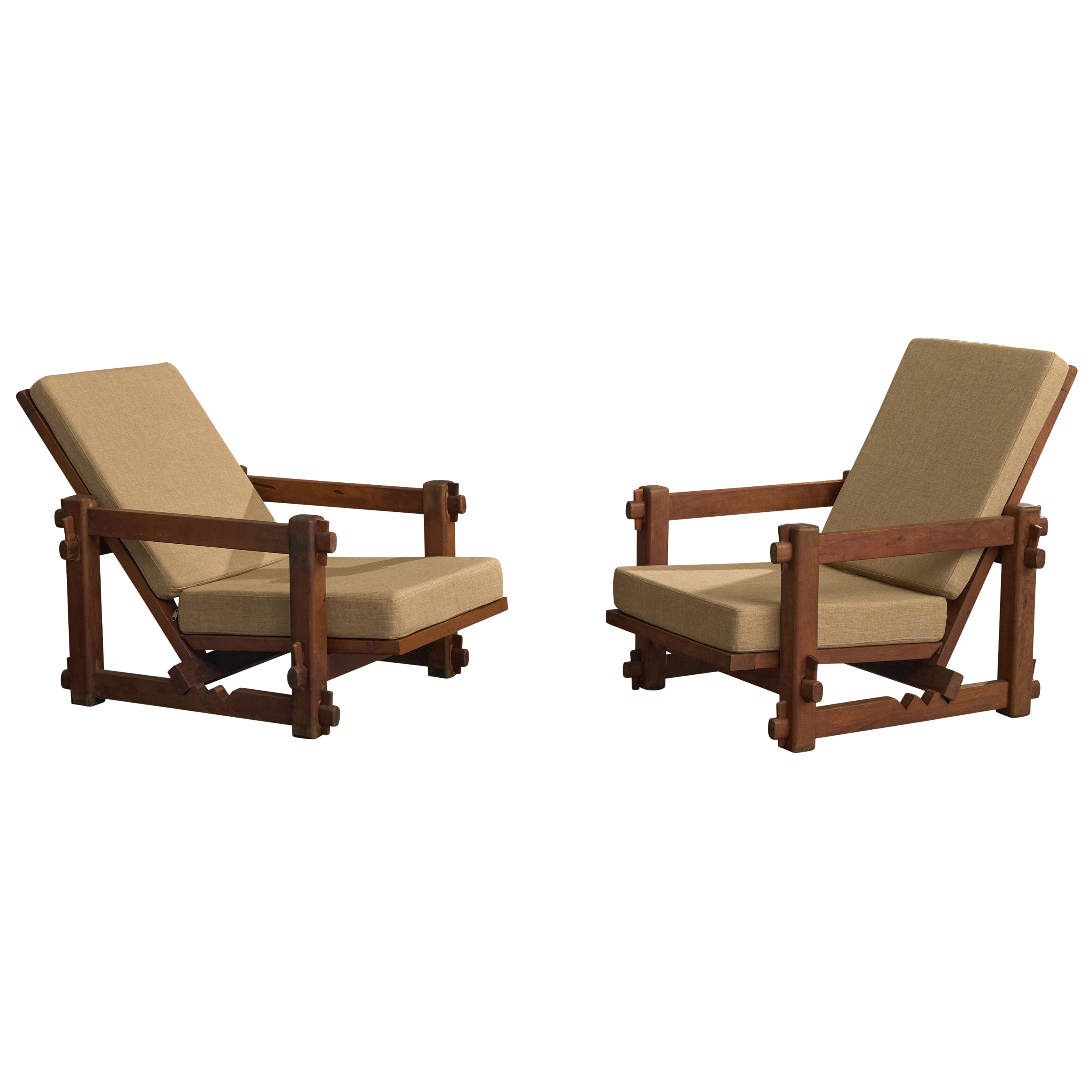 Argentinischer Designer, Lounge-Stühle, Holz, Stoff, Argentinien, 1970er Jahre