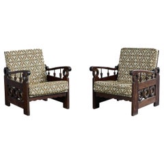 Argentine Designer, Lounge Chairs, Wood, Fabric, Argentina, 1970s