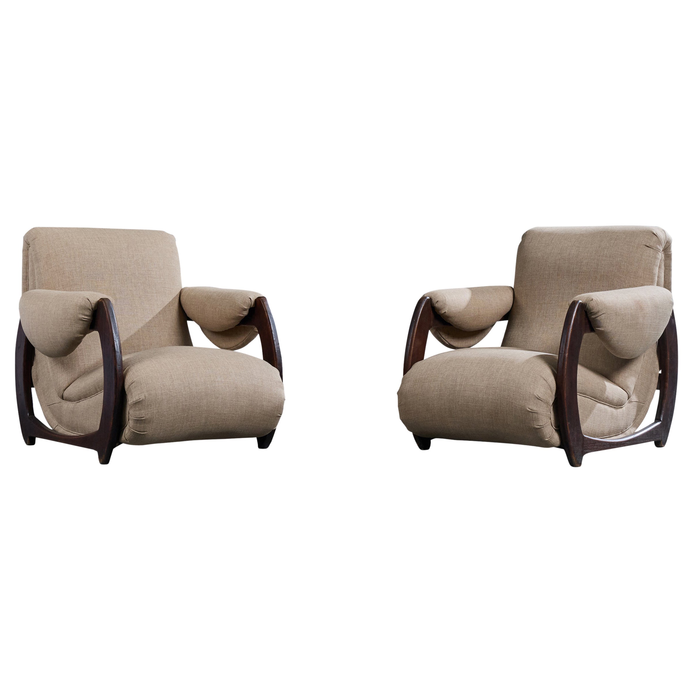 Argentine Designer, Lounge Chairs, Wood, Fabric, Argentina, 1970s