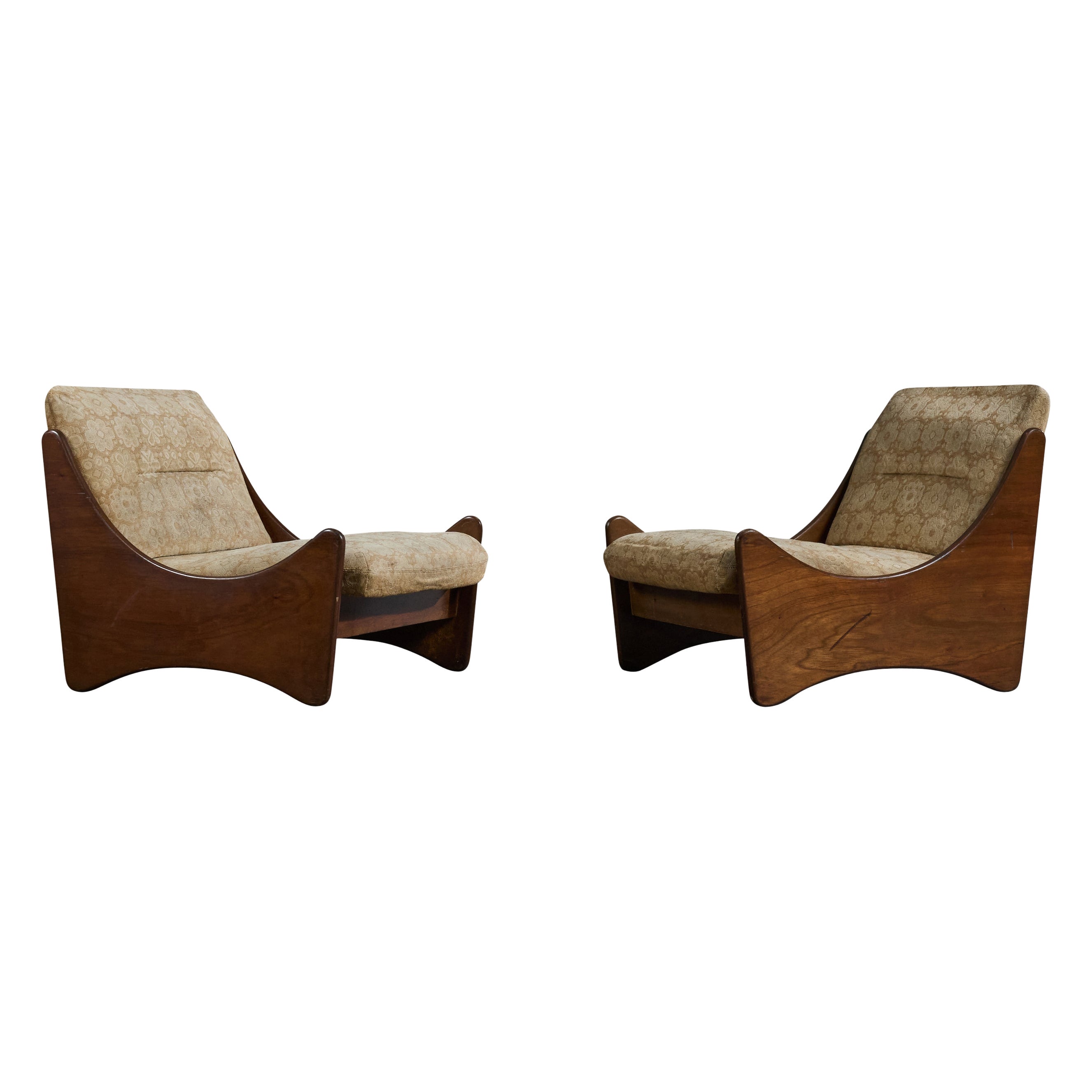 Argentine Designer, Lounge Chairs, Wood, Fabric, Argentina, 1970s