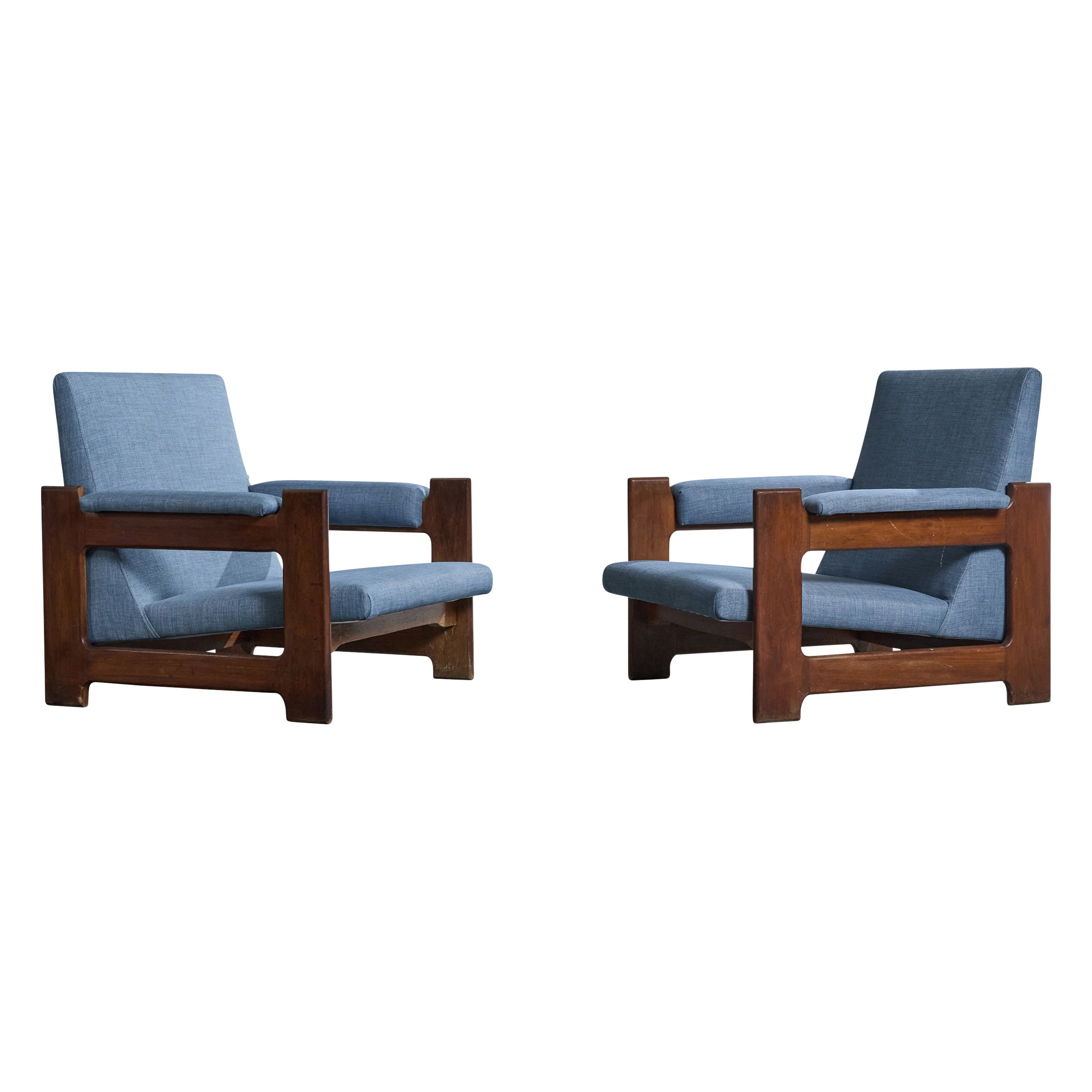 Argentine Designer, Lounge Chairs, Wood, Fabric, Argentina, 1970s For Sale