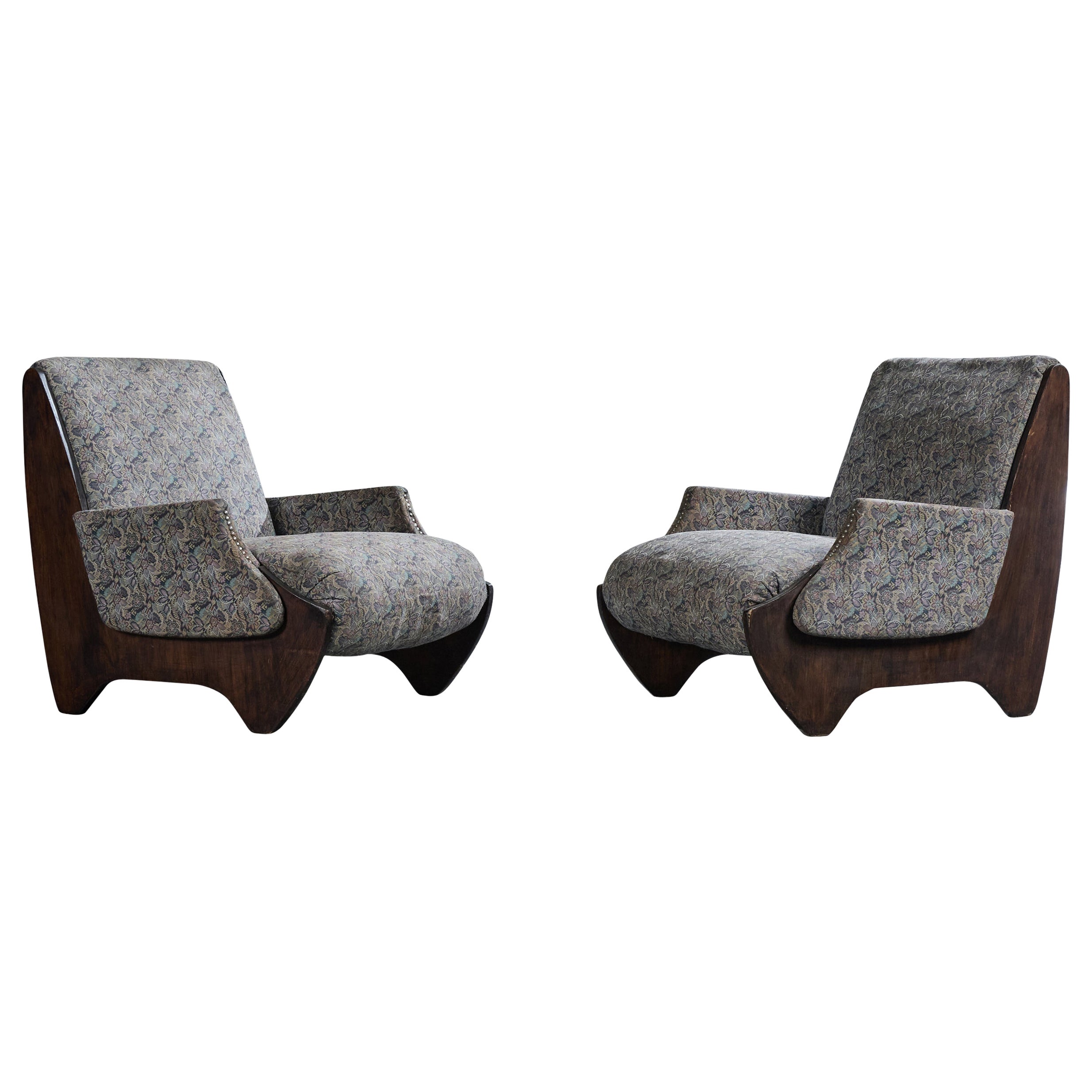 Argentine Designer, Lounge Chairs, Wood, Fabric, Argentina, 1970s