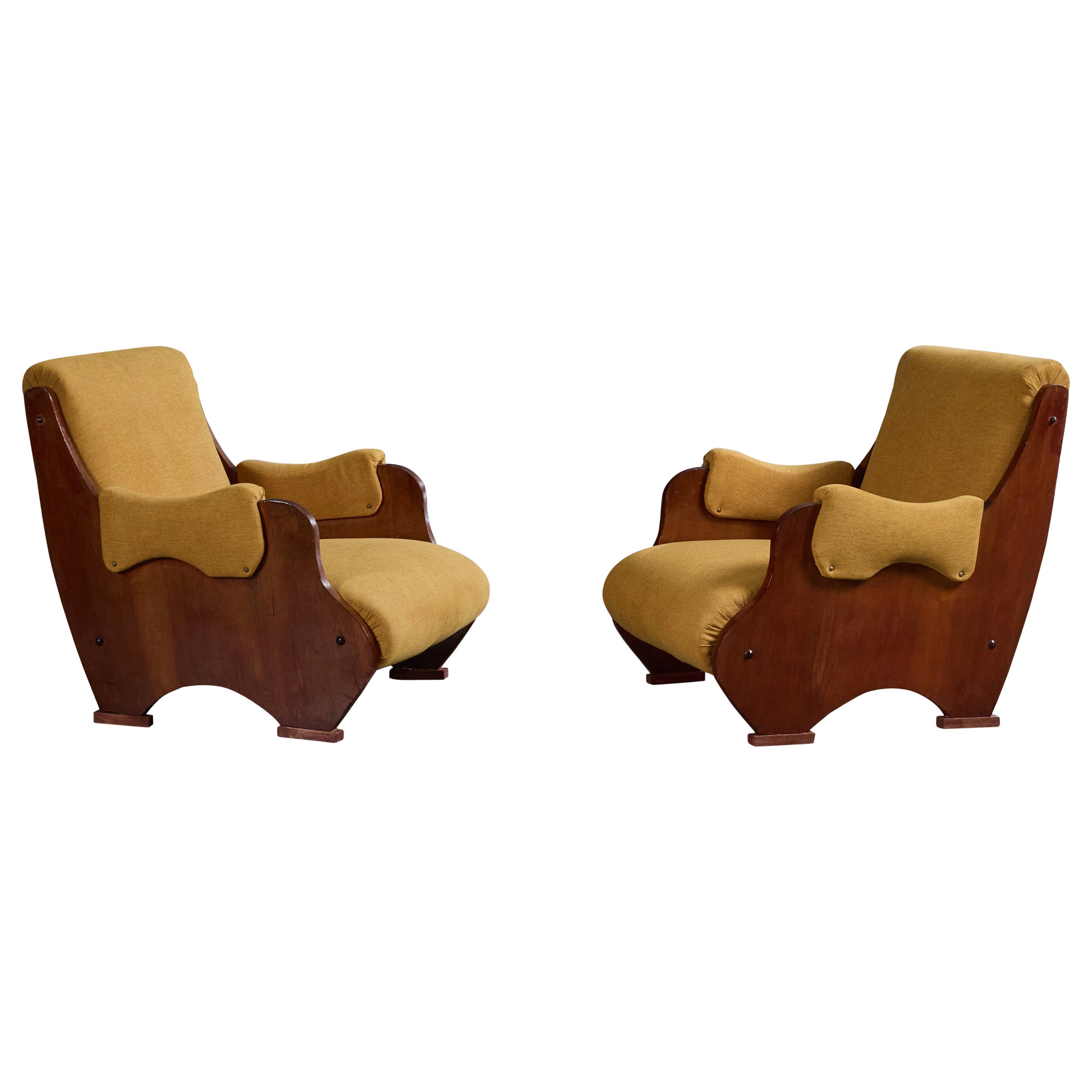 Argentine Designer, Lounge Chairs, Wood, Fabric, Argentina, 1970s
