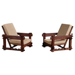 Argentine Designer, Lounge Chairs, Wood, Fabric, Argentina, 1970s