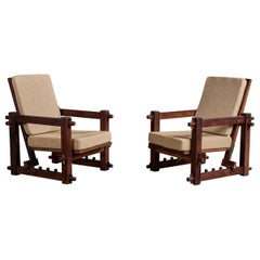 Argentine Designer, Lounge Chairs, Wood, Fabric, Argentina, 1970s