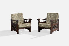 Argentine Designer, Lounge Chairs, Wood, Fabric, Argentina, 1970s