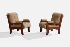 Argentine Designer, Lounge Chairs, Wood, Fabric, Argentina, 1970s