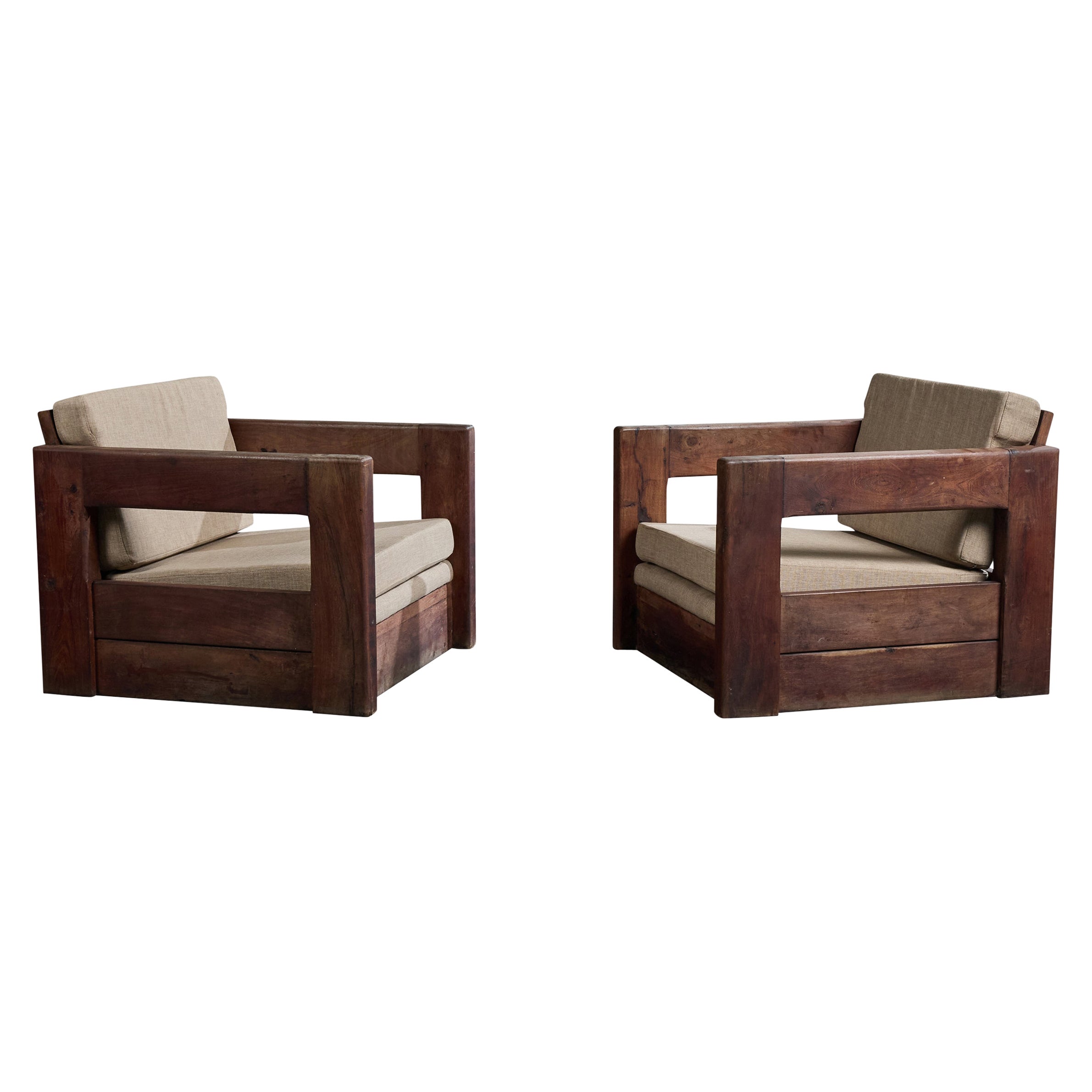 Argentine Designer, Lounge Chairs, Wood, Fabric, Argentina, 1980s For Sale