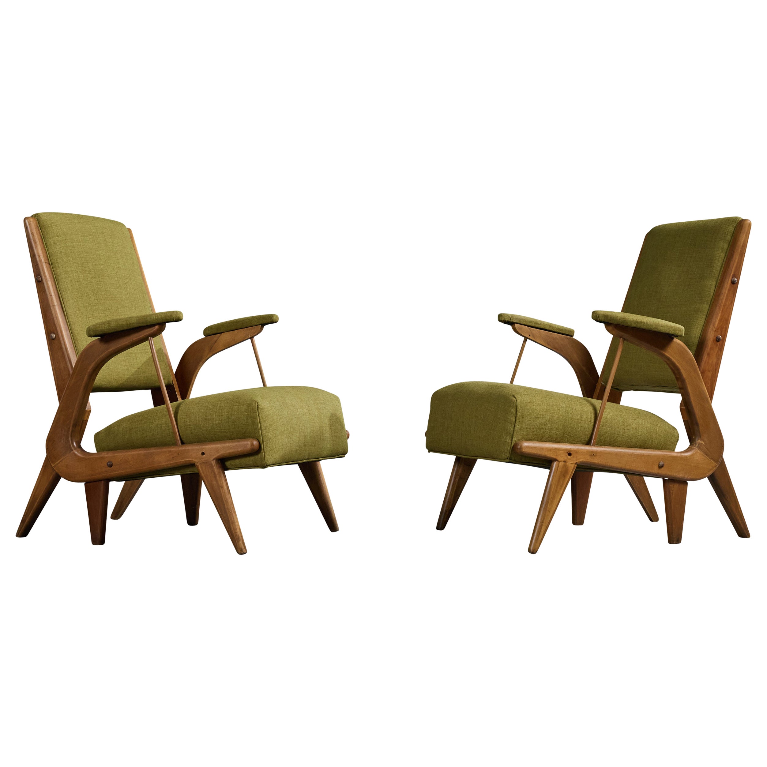 Argentine Designer, Lounge Chairs, Wood, Fabric, Italy, 1950s