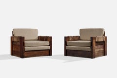 Designer argentino, poltrone, legno, tessuto, pelle scamosciata, Argentina, anni '70