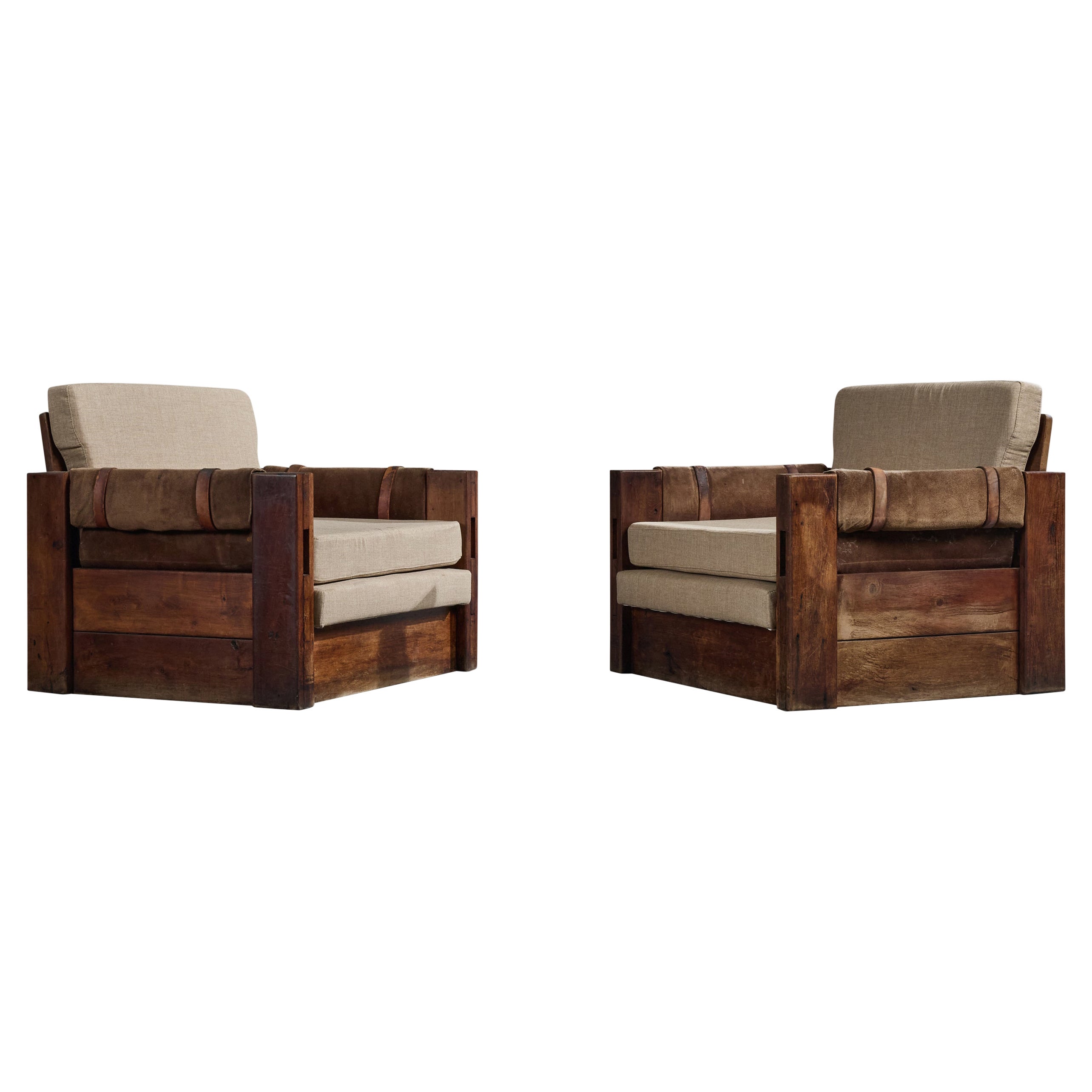 Argentine Designer, Lounge Chairs, Wood, Fabric, Suede, Argentina, 1970s