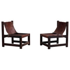 Argentine Designer, Lounge Chairs, Wood, Leather, Argentina, 1970s
