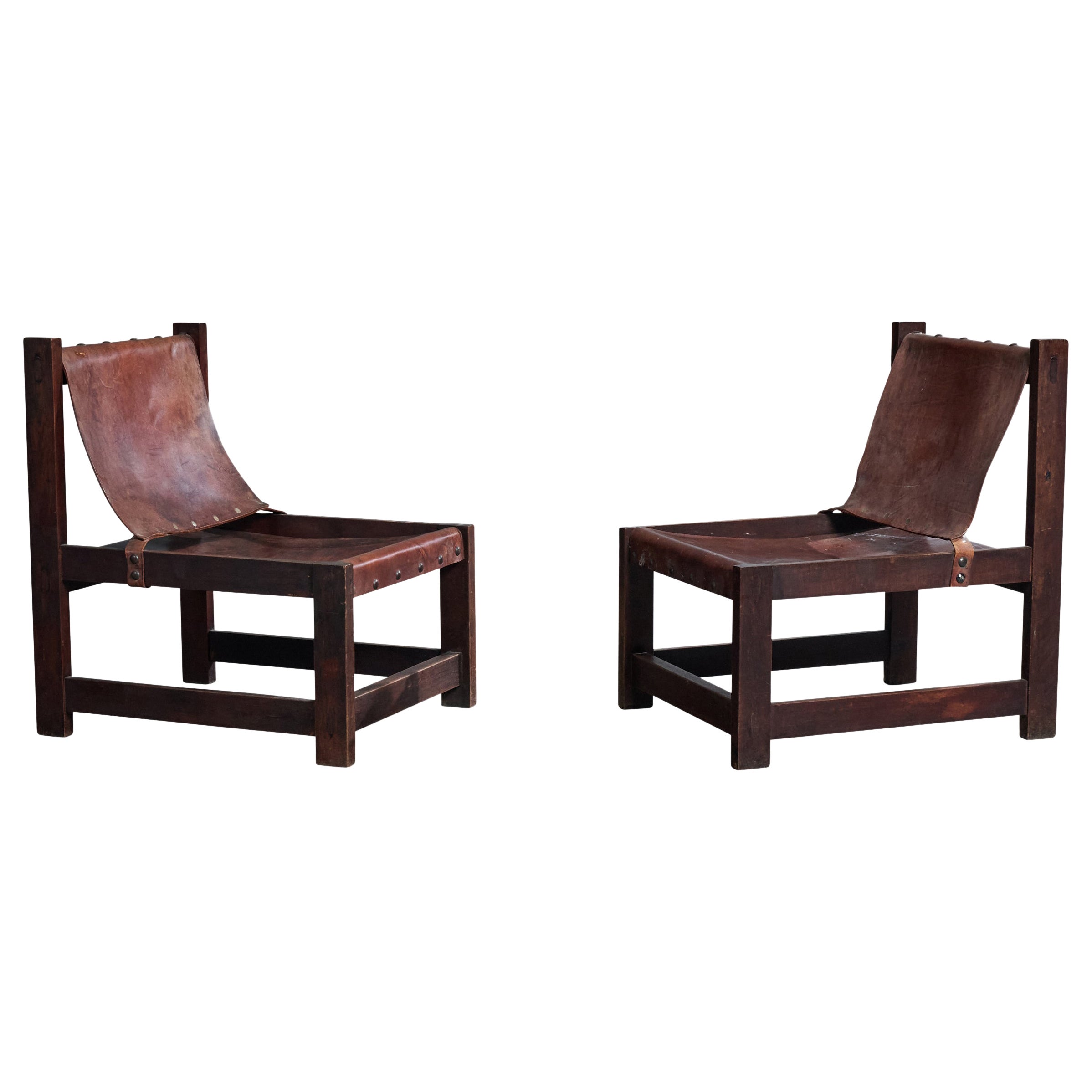Argentine Designer, Lounge Chairs, Wood, Leather, Argentina, 1970s