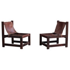 Argentine Designer, Lounge Chairs, Wood, Leather, Argentina, 1970s