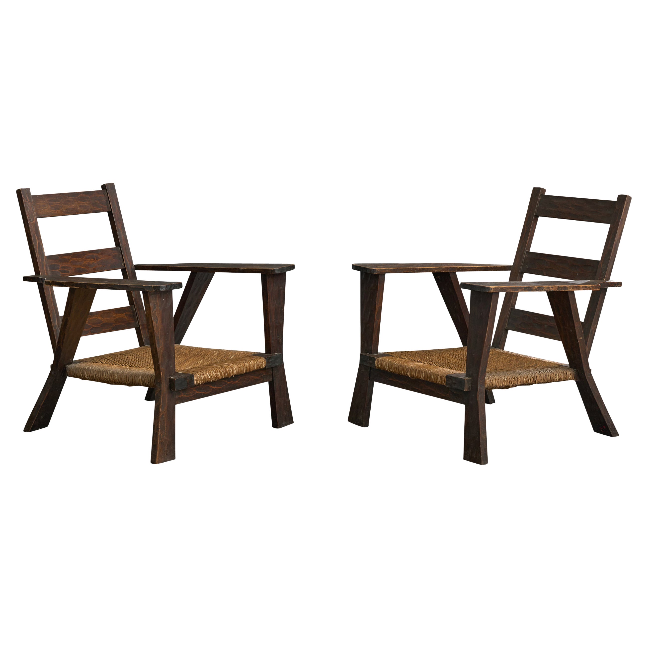 Argentine Designer, Lounge Chairs, Wood, Rush, Argentina, 1950s
