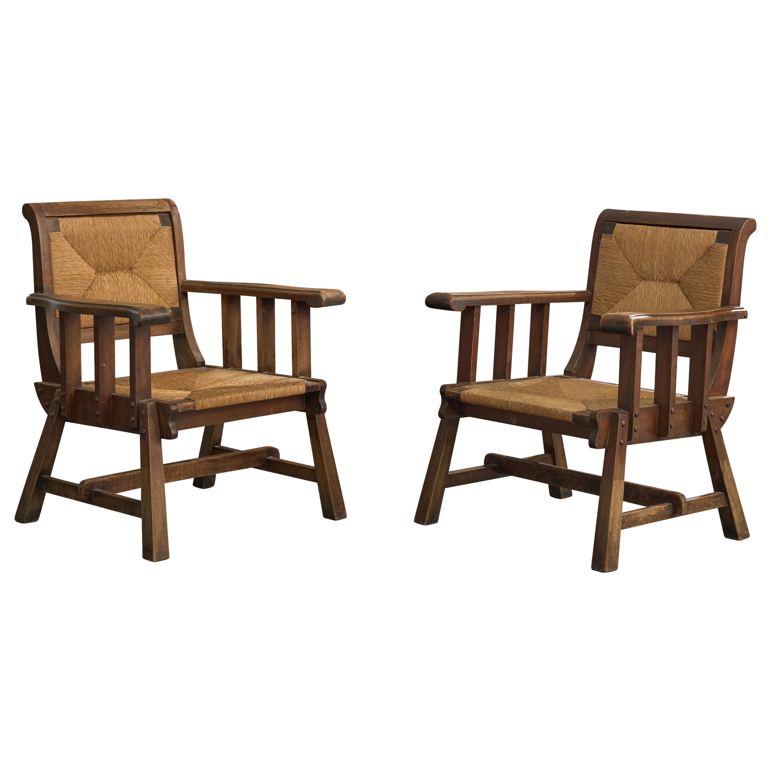 Argentine Designer, Lounge Chairs, Wood, Rush, Argentina, 1970s