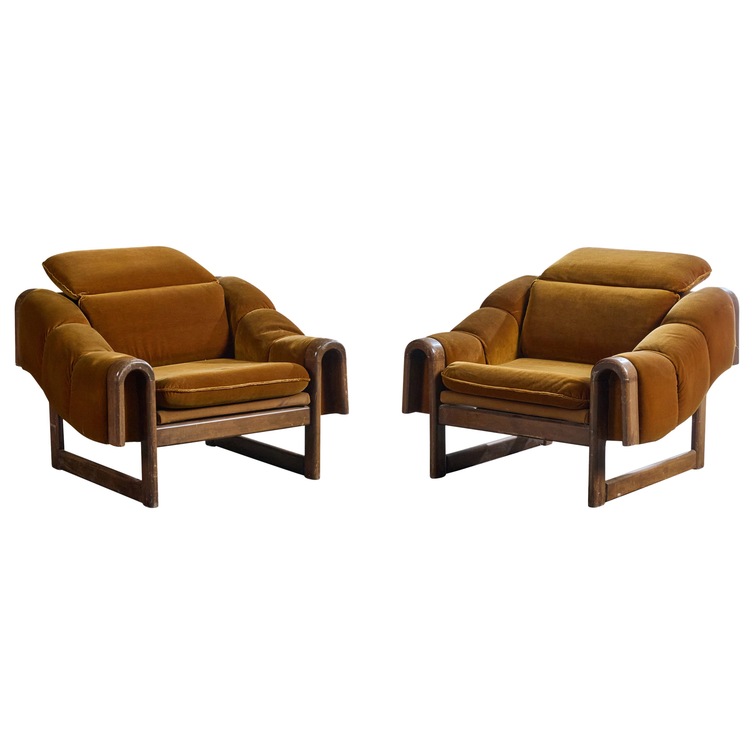 Argentine Designer, Lounge Chairs, Wood, Velvet, Argentina, 1960s