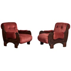 Argentine Designer, Lounge Chairs, Wood, Velvet, Argentina, 1960s
