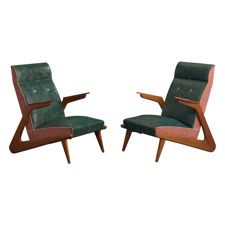 Argentine Designer, Lounge Chairs, Wood, Vinyl, Argentina, 1950s