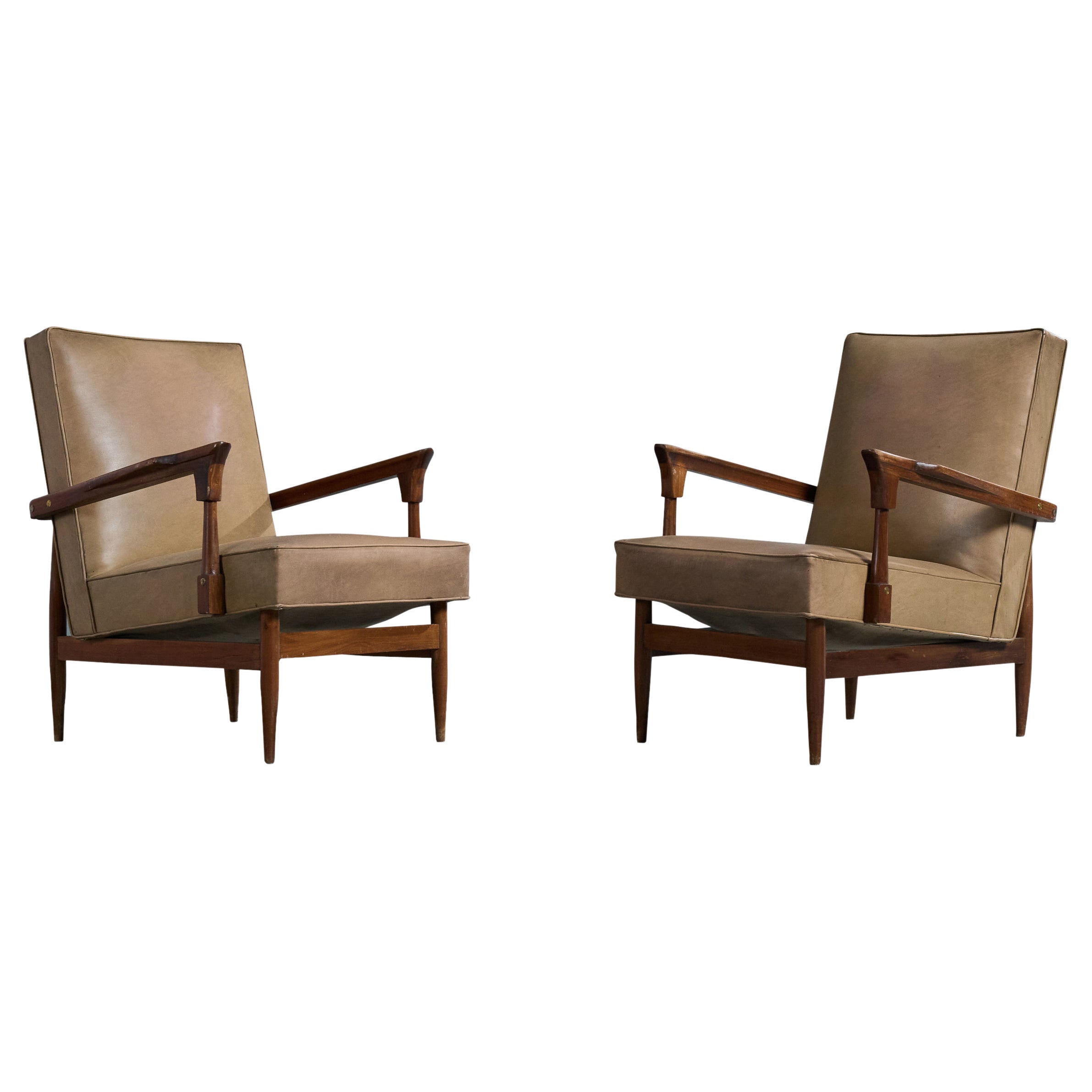 Argentine Designer, Lounge Chairs, Wood, Vinyl, Argentina, 1950s