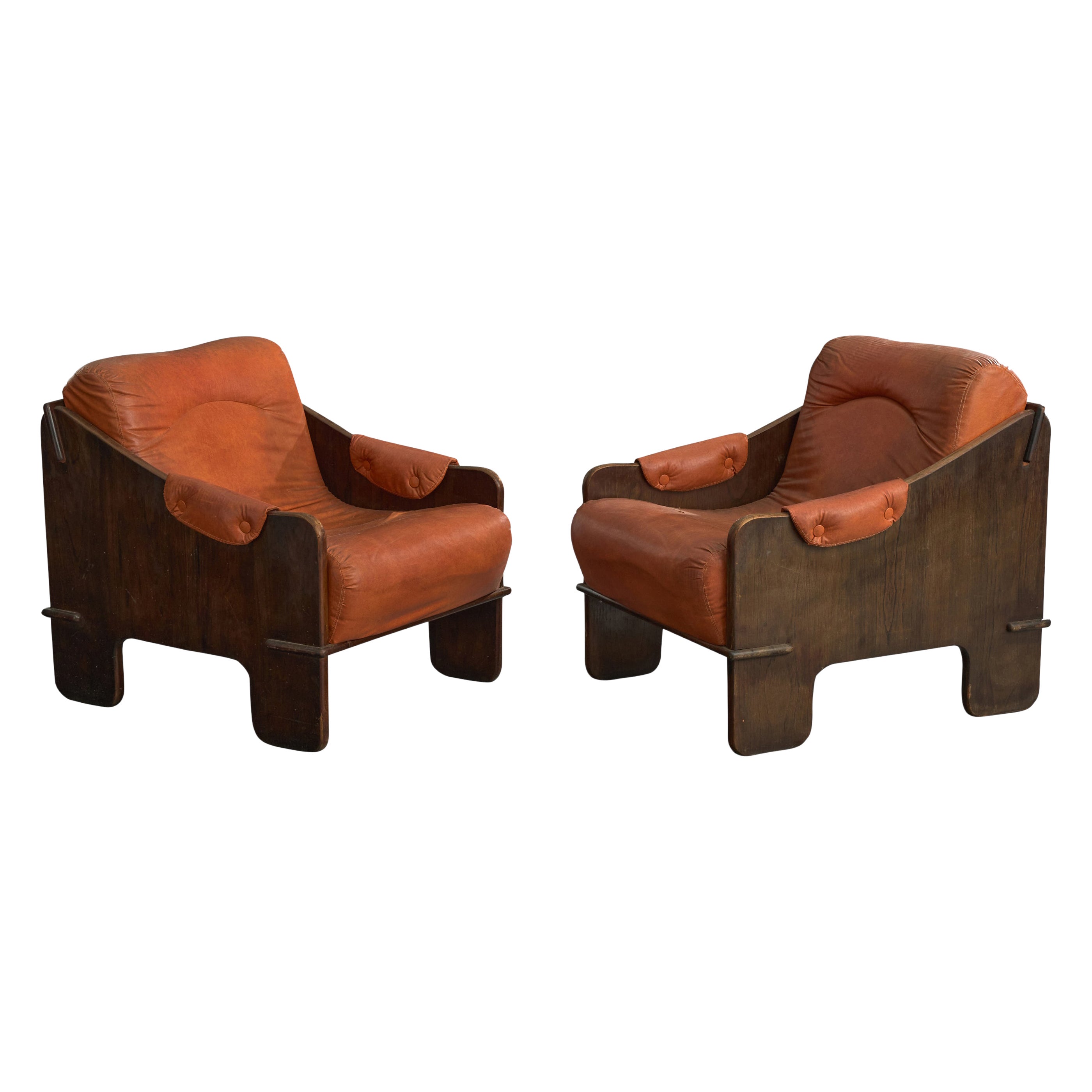 Argentine Designer, Lounge Chairs, Wood, Vinyl, Argentina, 1960s