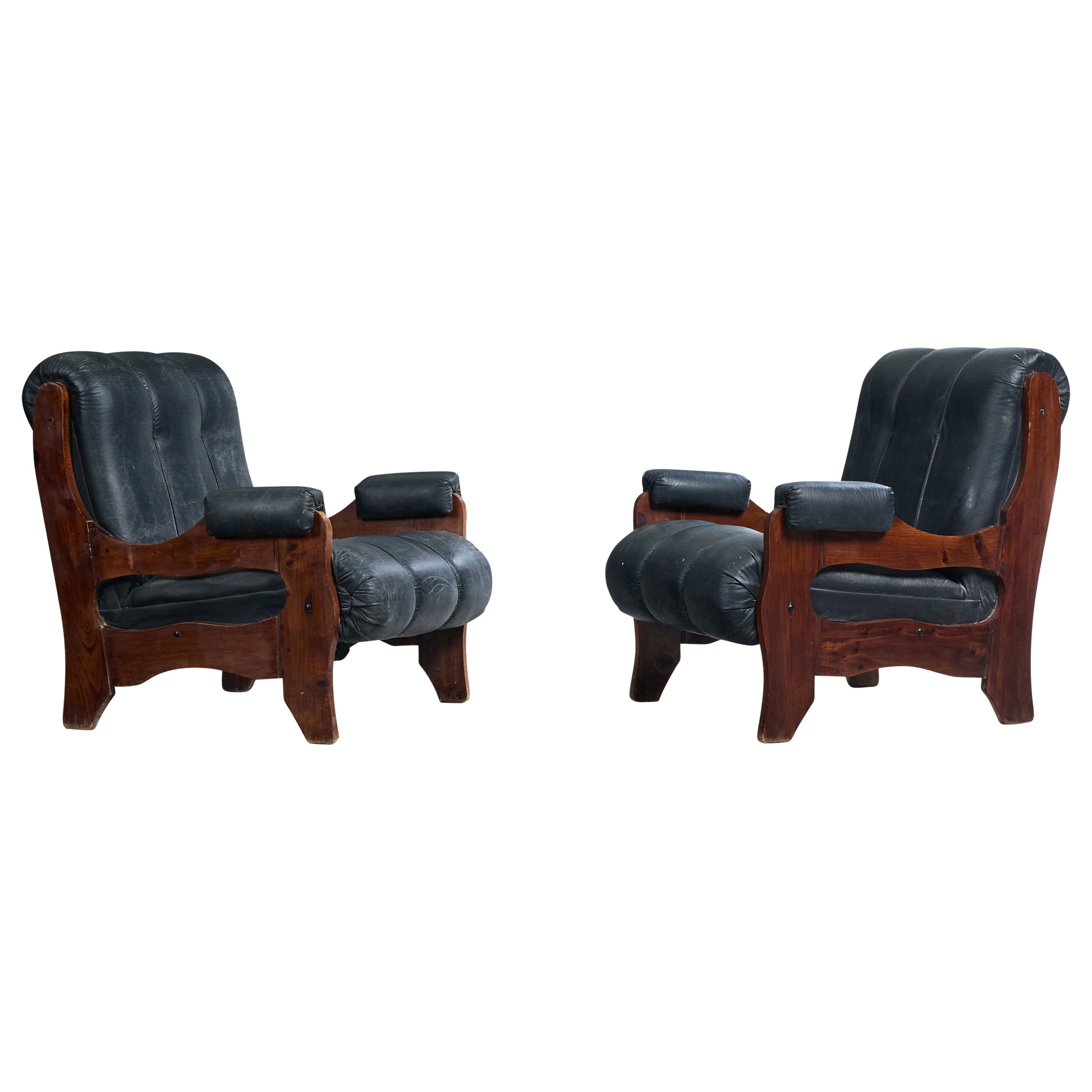Argentine Designer, Lounge Chairs, Wood, Vinyl, Argentina, 1970s For Sale