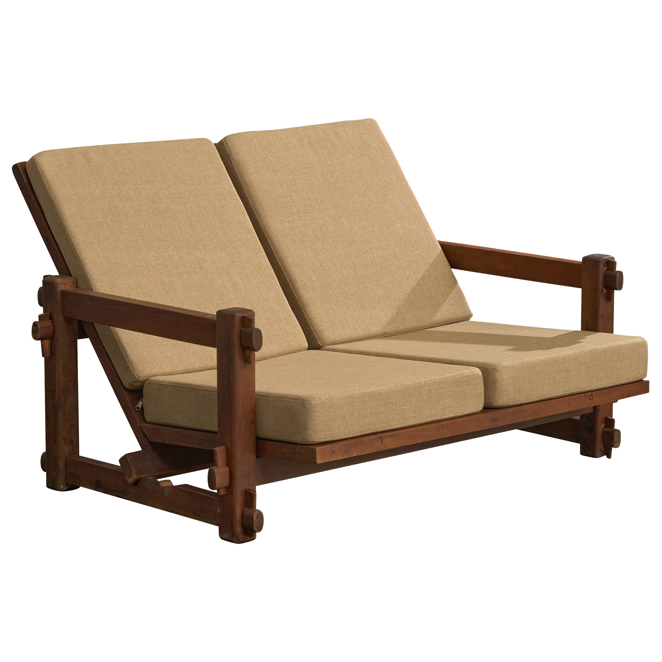 Argentine Designer, Settee, Wood, Fabric, Argentina, 1970s For Sale