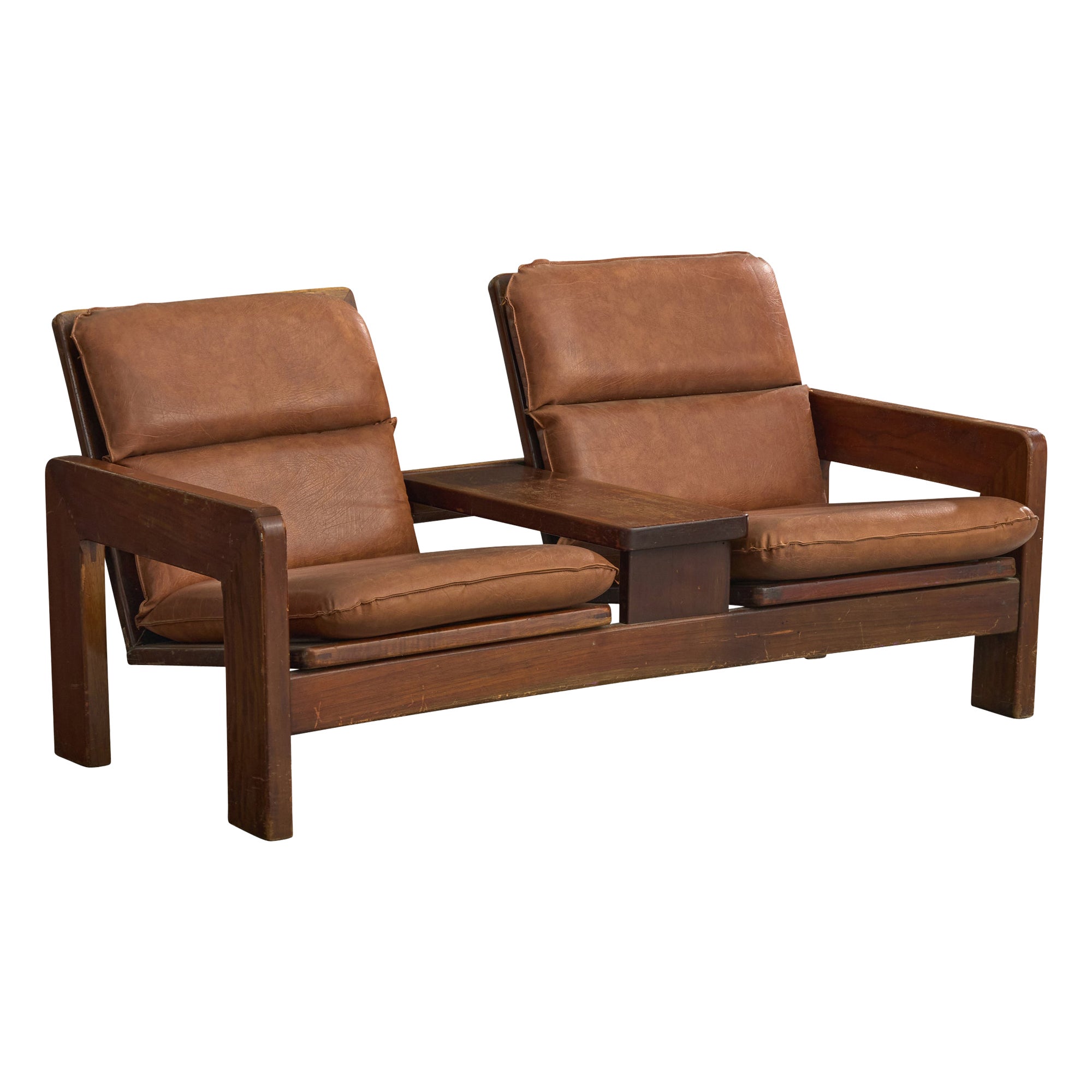 Argentine Designer, Settee, Wood, Leather, Argentina, 1970s For Sale