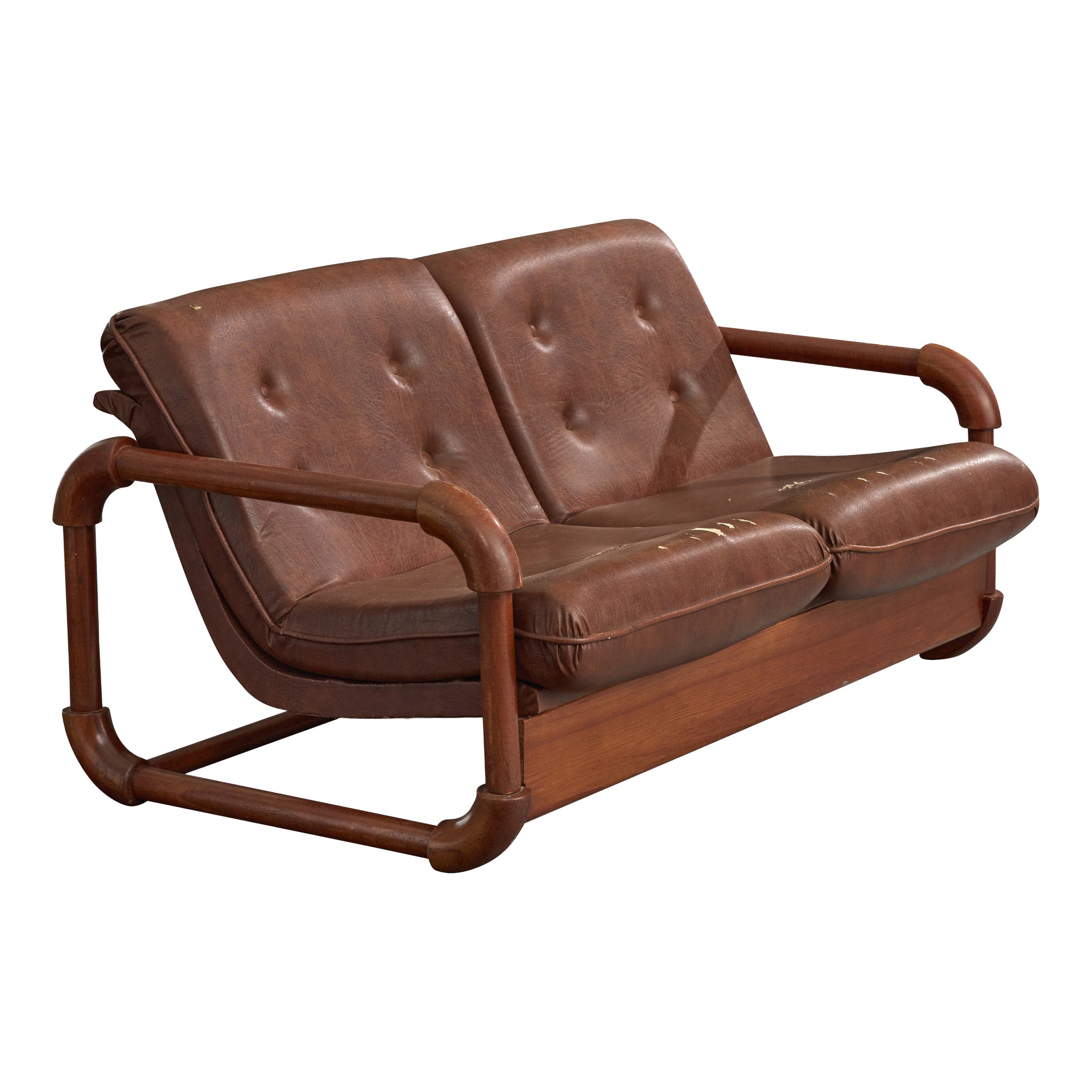 Argentine Designer, Settee, Wood, Vinyl, Argentina, 1970s For Sale