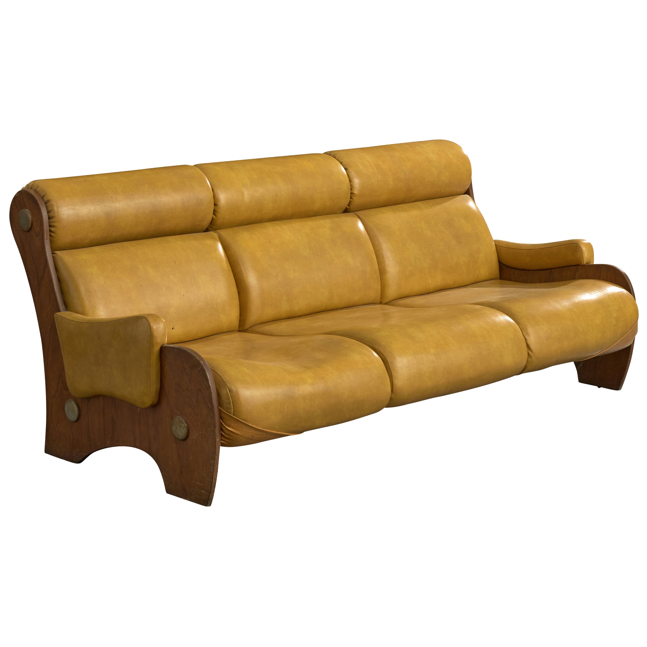 Argentine Designer, Sofa, Wood, Brass, Leather, Argentina, 1960s For Sale