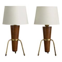 Argentine Designer, Table Lamps, Brass, Wood, Argentina, 1950s