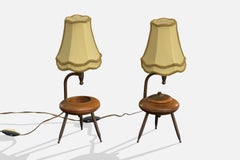 Argentinischer Designer, Tischlampen, Messing, Holz, Stoff, Argentinien, 1950er Jahre