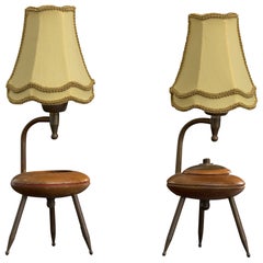 Argentinischer Designer, Tischlampen, Messing, Holz, Stoff, Argentinien, 1950er Jahre