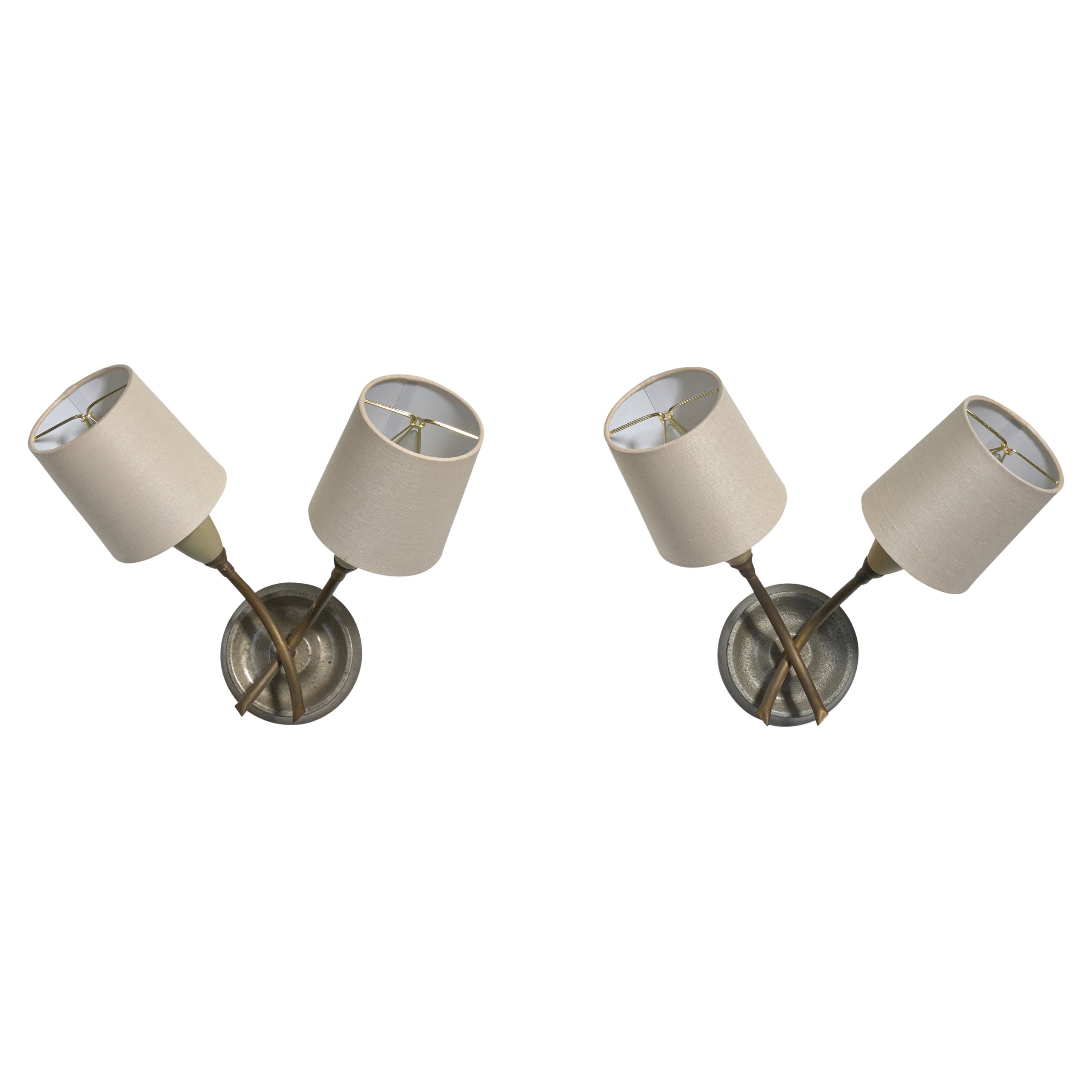 Argentine Designer, Wall Lights, Brass, Fabric, Argentina, 1950s For Sale