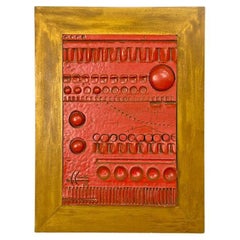 Argentine modern red ceramic golden wood sculpture painting by Carlos Carlè 1974